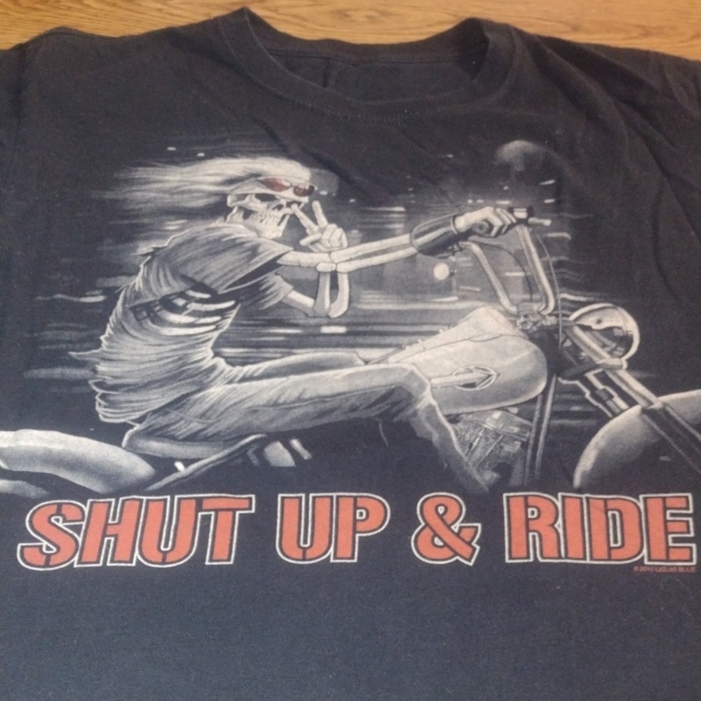 Liquid Blue Black Tee with Biker Graphic